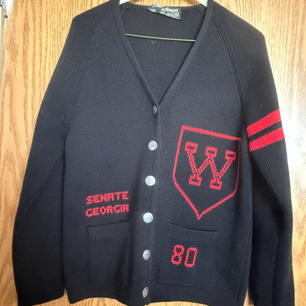 Vintage 1980 Senate Georgia Letterman Varsity Cardigan Jacket Sweater Wool Blue